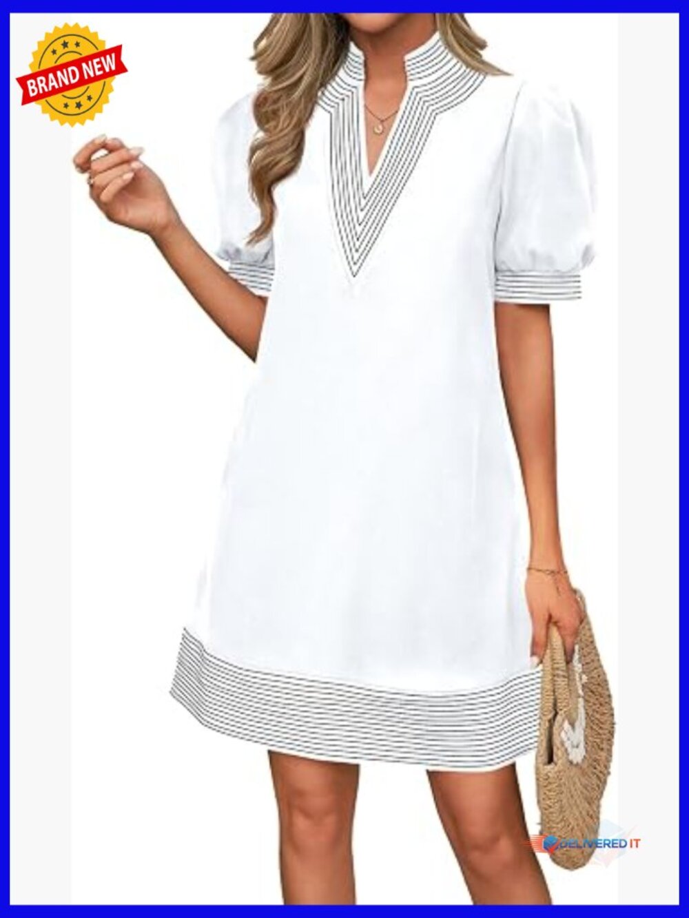 V Neck Shift Dress with Pockets Puff Short Sleeve Boho Beach